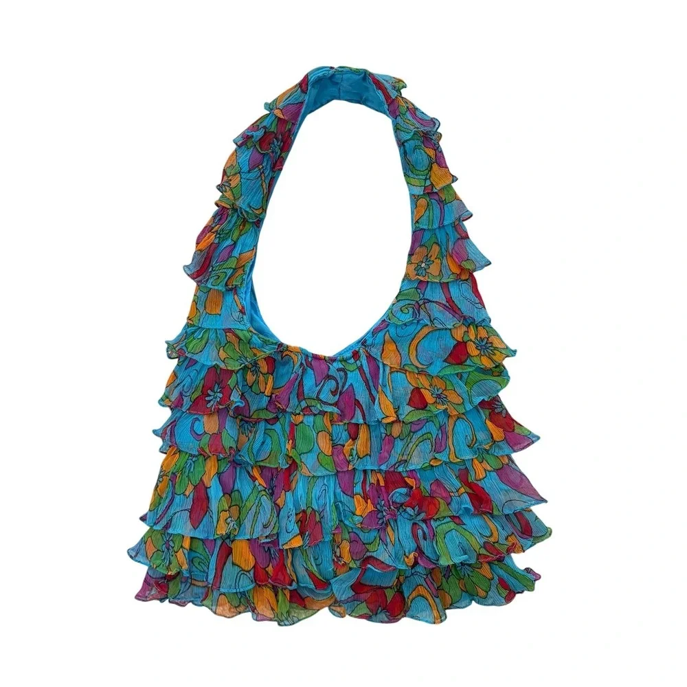 Womens Ruffle Floral Hobo Bag Chiffon Blue Boho Festival Colorful Tiered